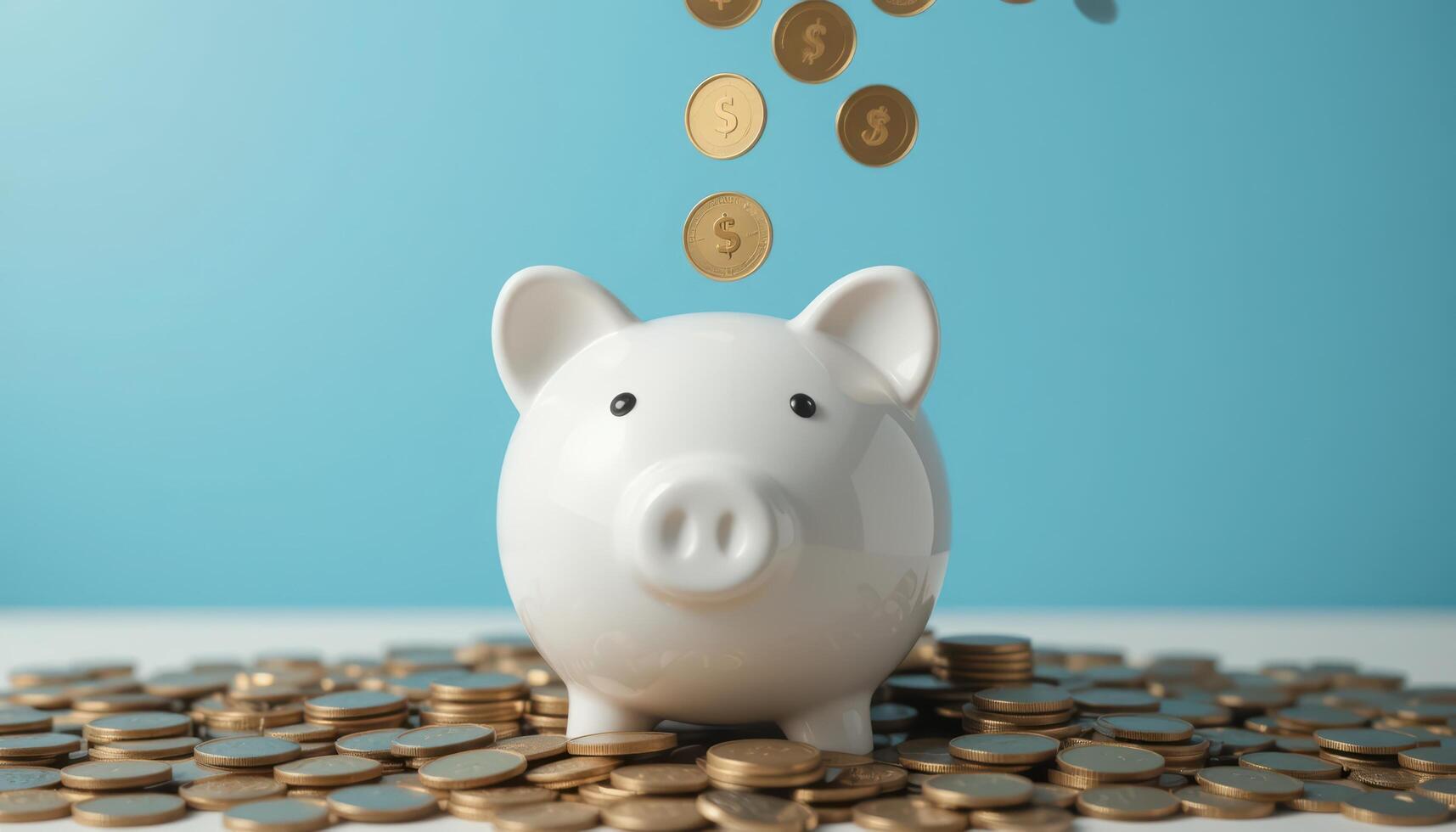 Money Saving Concept with a White Piggy Bank and Coins around It photo