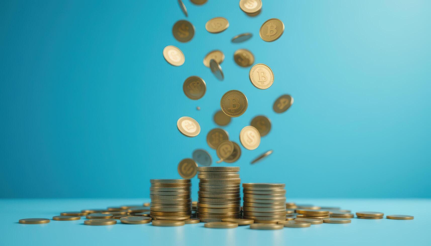 Falling Coins Create Dynamic Scene with Bitcoin Stacks and Blue Background photo