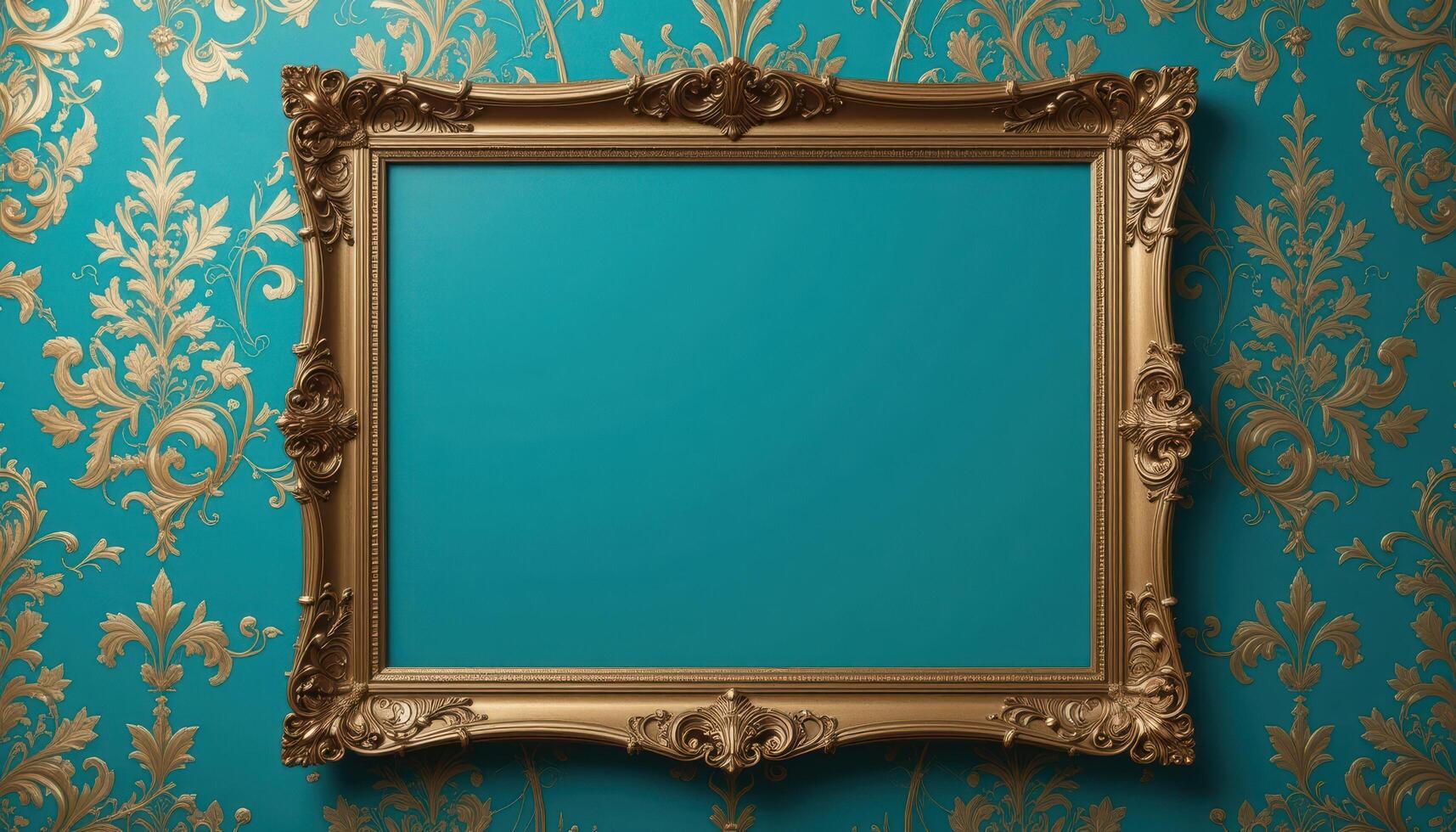 Ornate Golden Frame on Teal Background with Vintage Floral Pattern photo