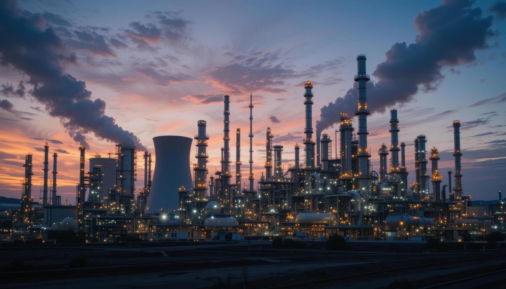 Industrial Complex at Dusk with Smoke and Illuminated Structures photo