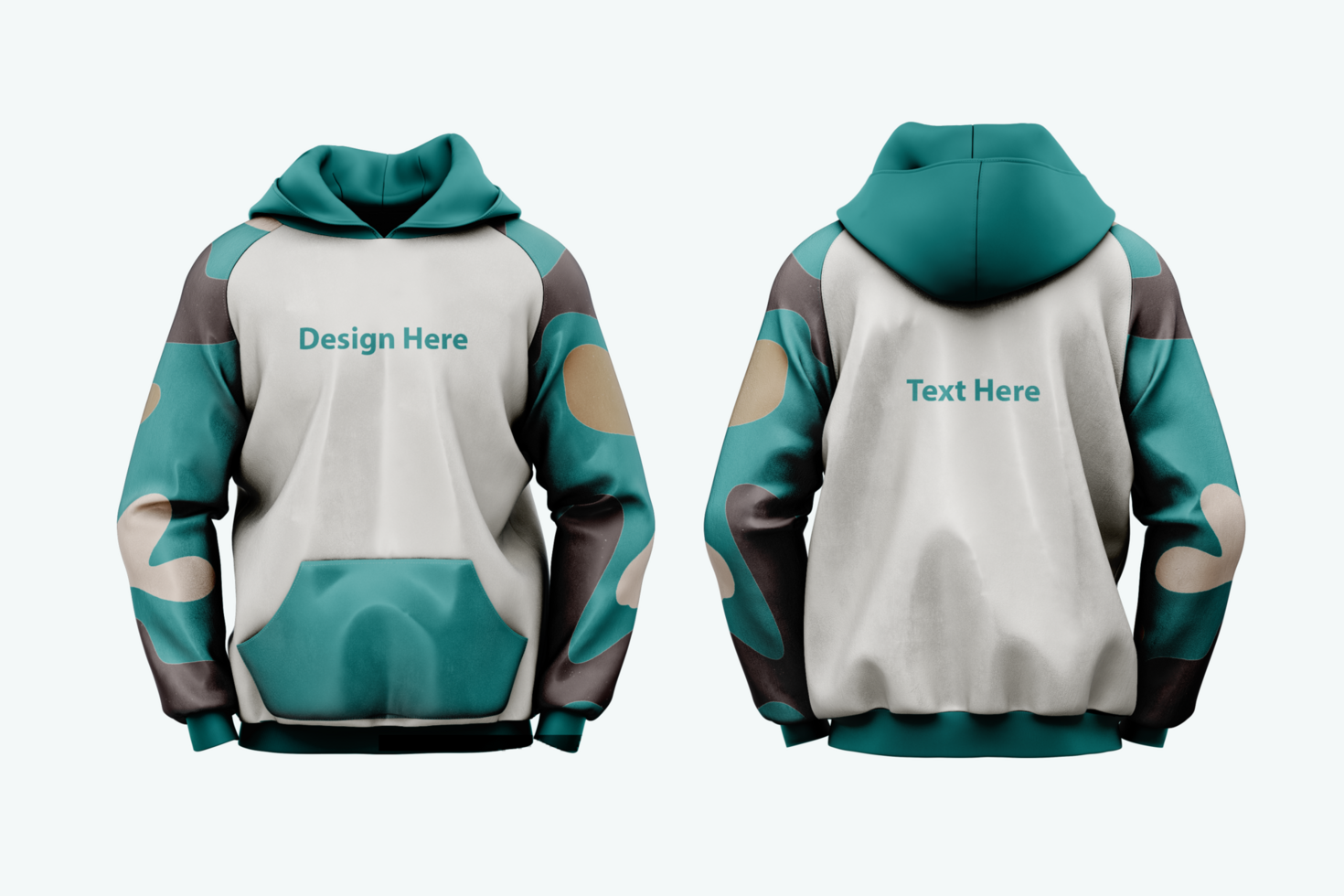 Front and back view of a teal white and brown hoodie mockup psd