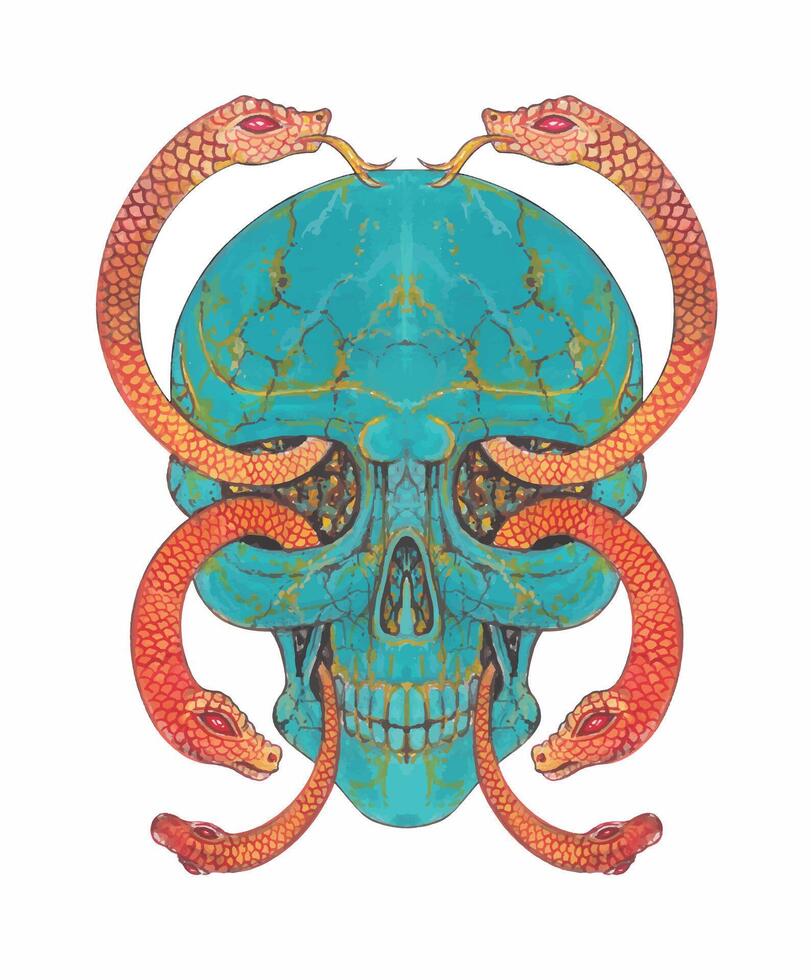 Surreal art turquoise skull with snake design by hand painting on paper make graphic . vector