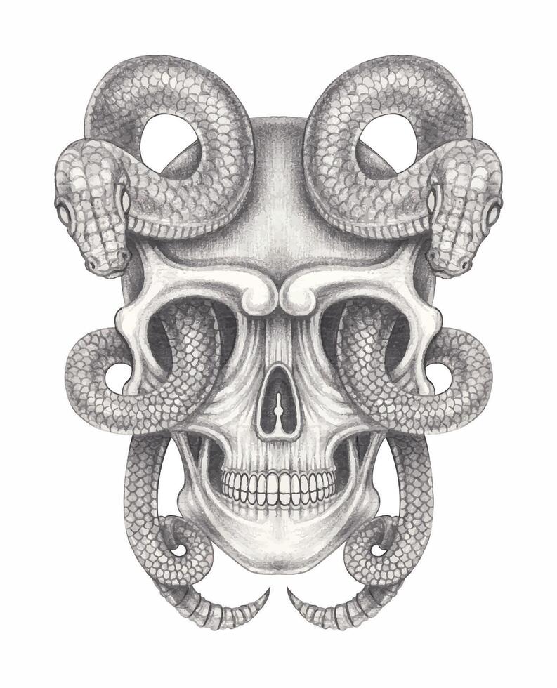 Surreal art snake with skull tattoo design by hand drawing and make graphic . vector