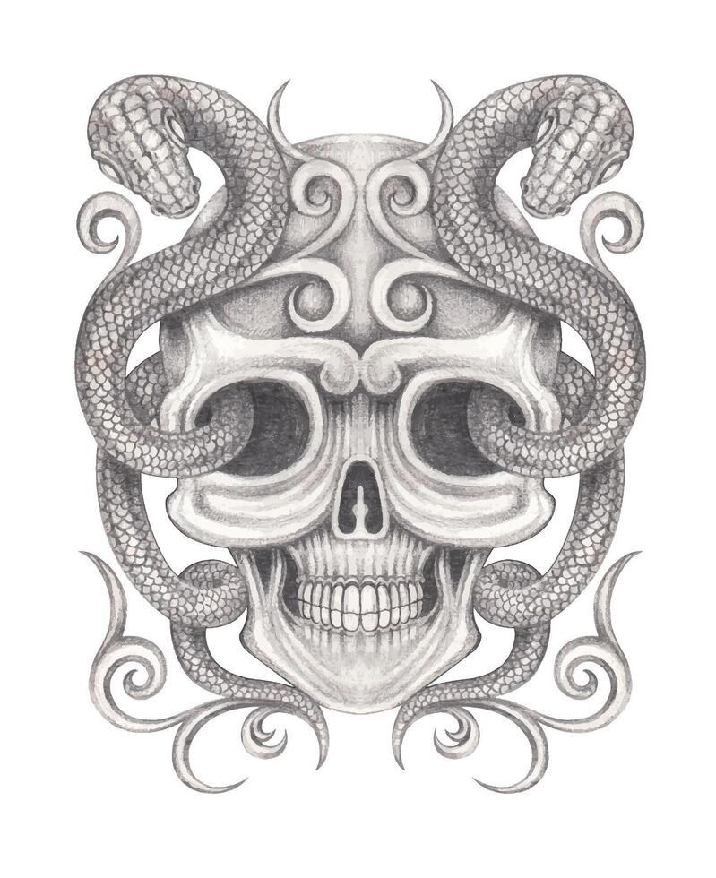 Skull with snake surreal art tattoo design by hand drawing and make graphic . vector