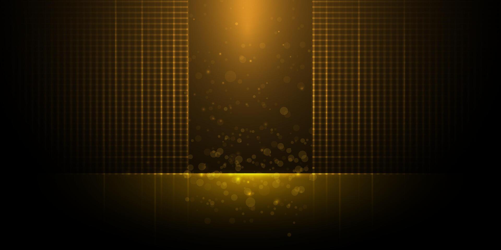 Abstract glitter gold luxury background. Element with gold light glow effect, bokeh and glowing dot particle on black gradient color. Modern graphic design for wallpaper background vector