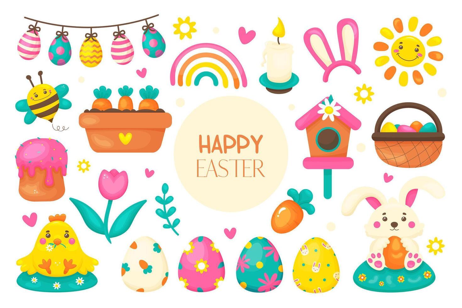 Easter big set in cartoon style. Easter and spring elements. In bright colors. vector