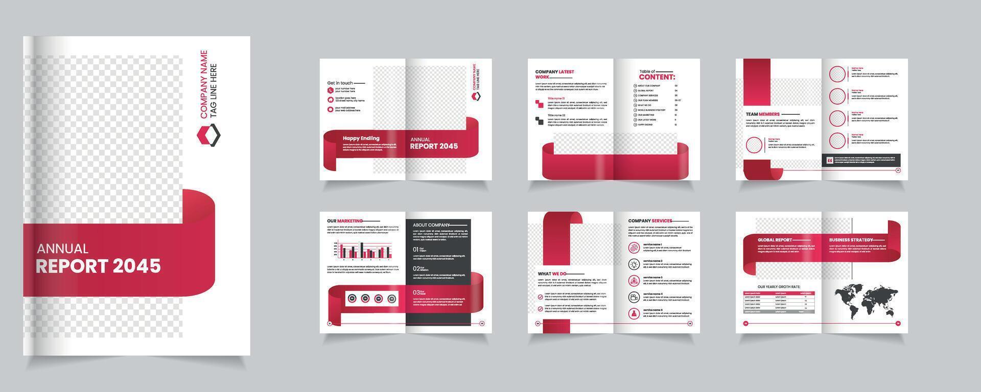 Annual Report 2045 Design Layout Featuring Modern Graphics and Data Presentation, corporate company profile vector