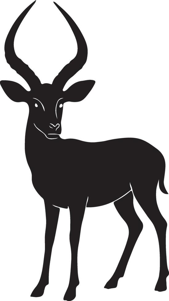 Elegant Black Silhouette of Antelope with Curved Horns Standing Gracefully - Illustration of Wild Animal Art Ideal for Logos, Prints, Wildlife Designs, and Decor vector