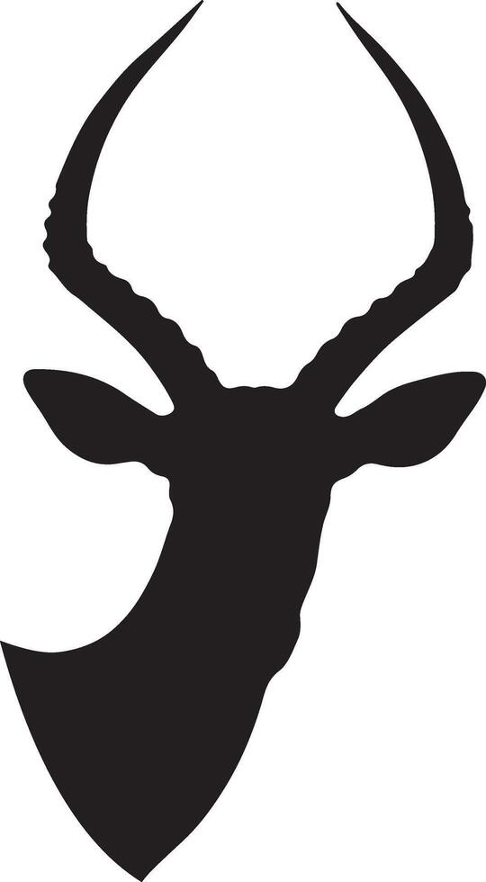 Bold Black Silhouette of Antelope Head with Long Curved Horns - Front View Graphic Ideal for Logo Design, Wildlife Art, Nature Icons, and Decorative Tribal Style Prints vector