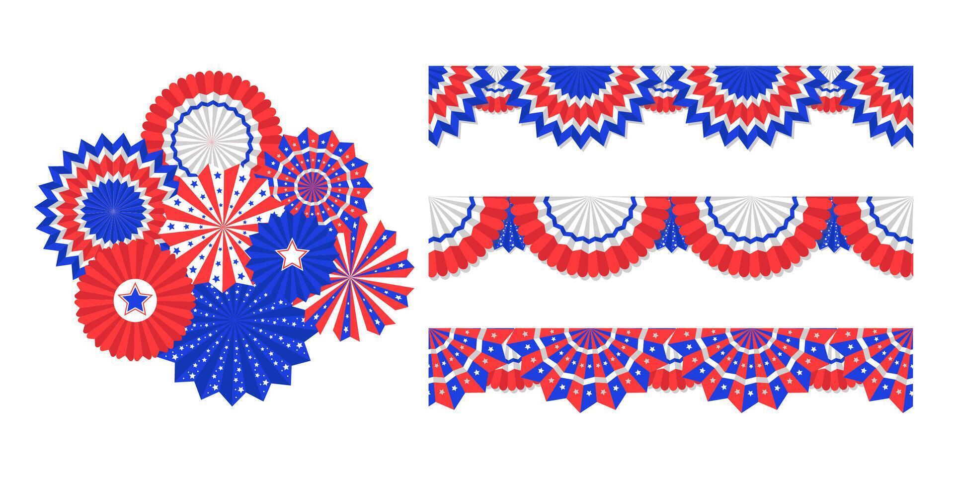 Set of seamless buntings and decorations for independence day 4th of july. American flag patriotic decorations vector