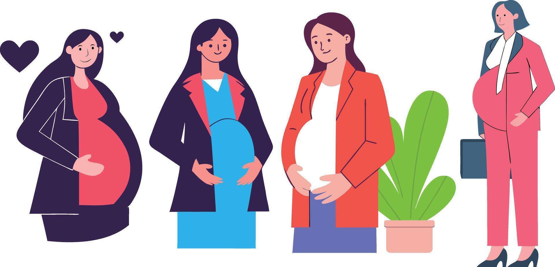 Set of Professional Pregnant Women Flat Illustration - Stylish Cartoon of Expecting Mothers in Office Attire Representing Maternity, Career Balance, and Womens Empowerment in the Workplace vector