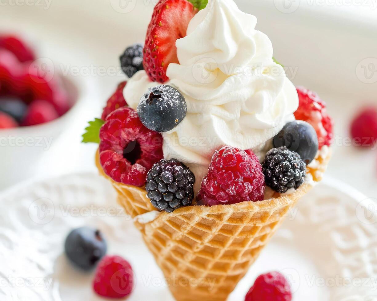 A waffle cone with whipped cream and berries photo