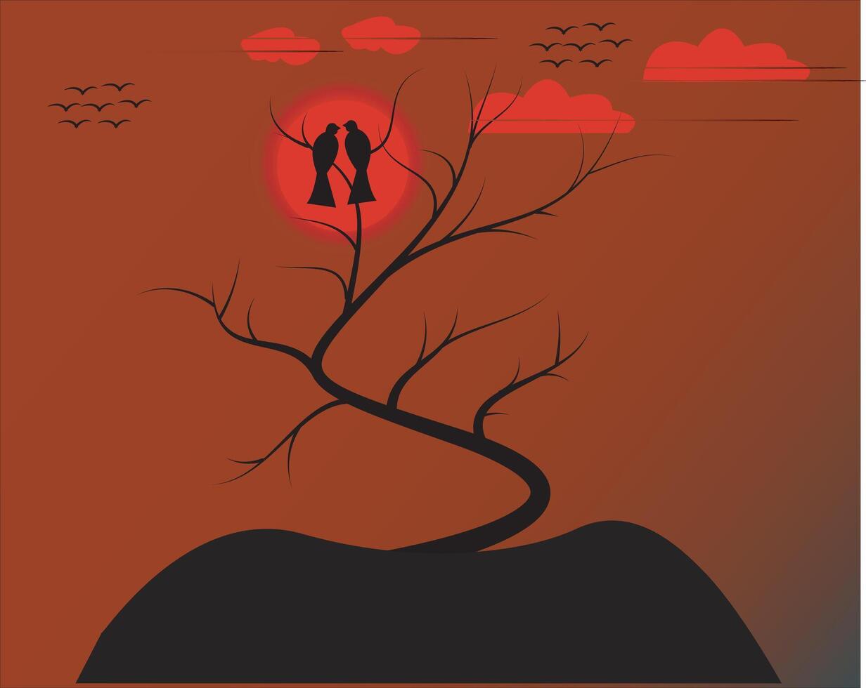 Silhouettes of two birds sitting on a tree branch against a stunning red sunset sky. Small birds gracefully fly in the background, creating a peaceful and romantic evening scene. Perfect for nature, vector