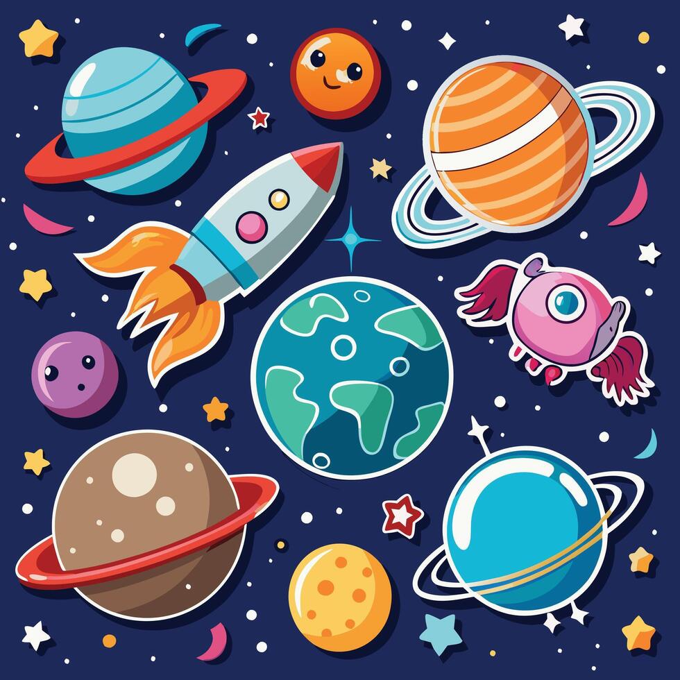 Intergalactic Extravaganza A Universe of Stickers for Kids Cosmic Adventures with Planets and Moons vector
