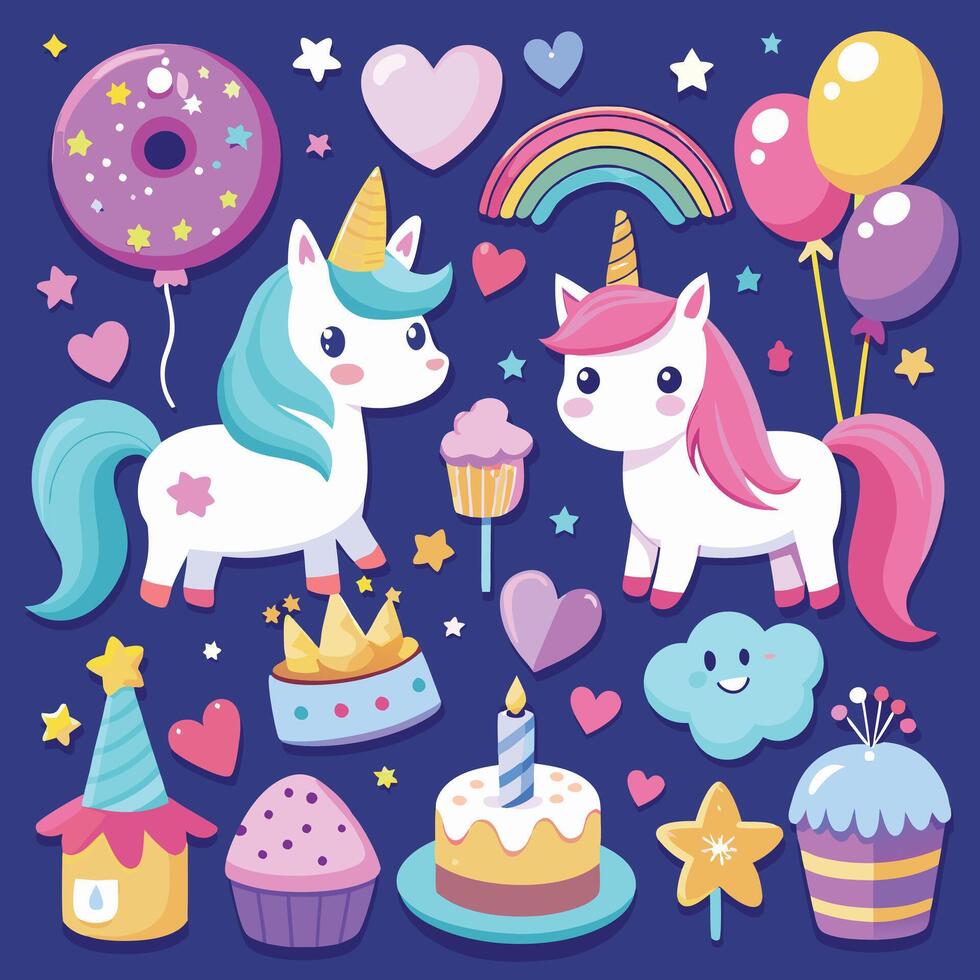 Enchanting Unicorns Adorned with Mystical Elements for Birt vector