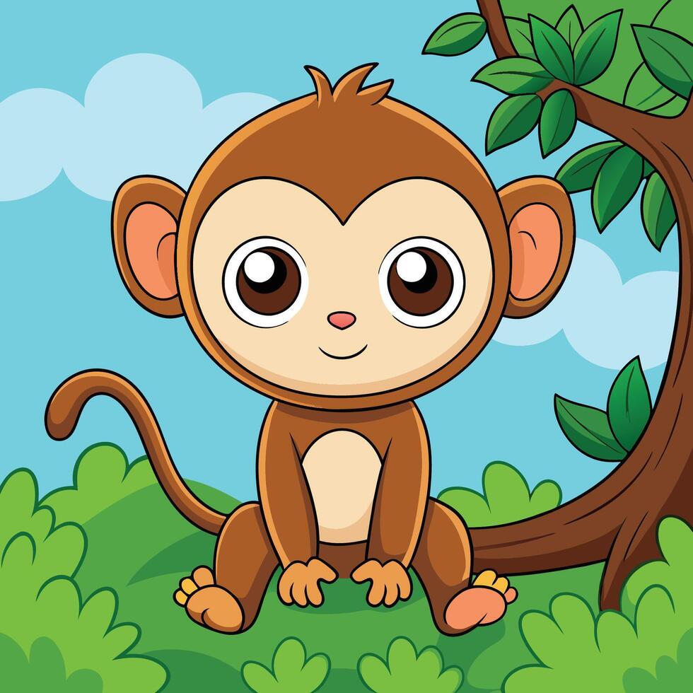 Adorable Kawaii Monkey Perched on a Tree Branch vector