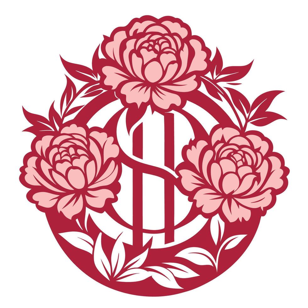 Intricate Split Monogram Design Adorned with Delicate Peony Flowers Laser Cut Template vector