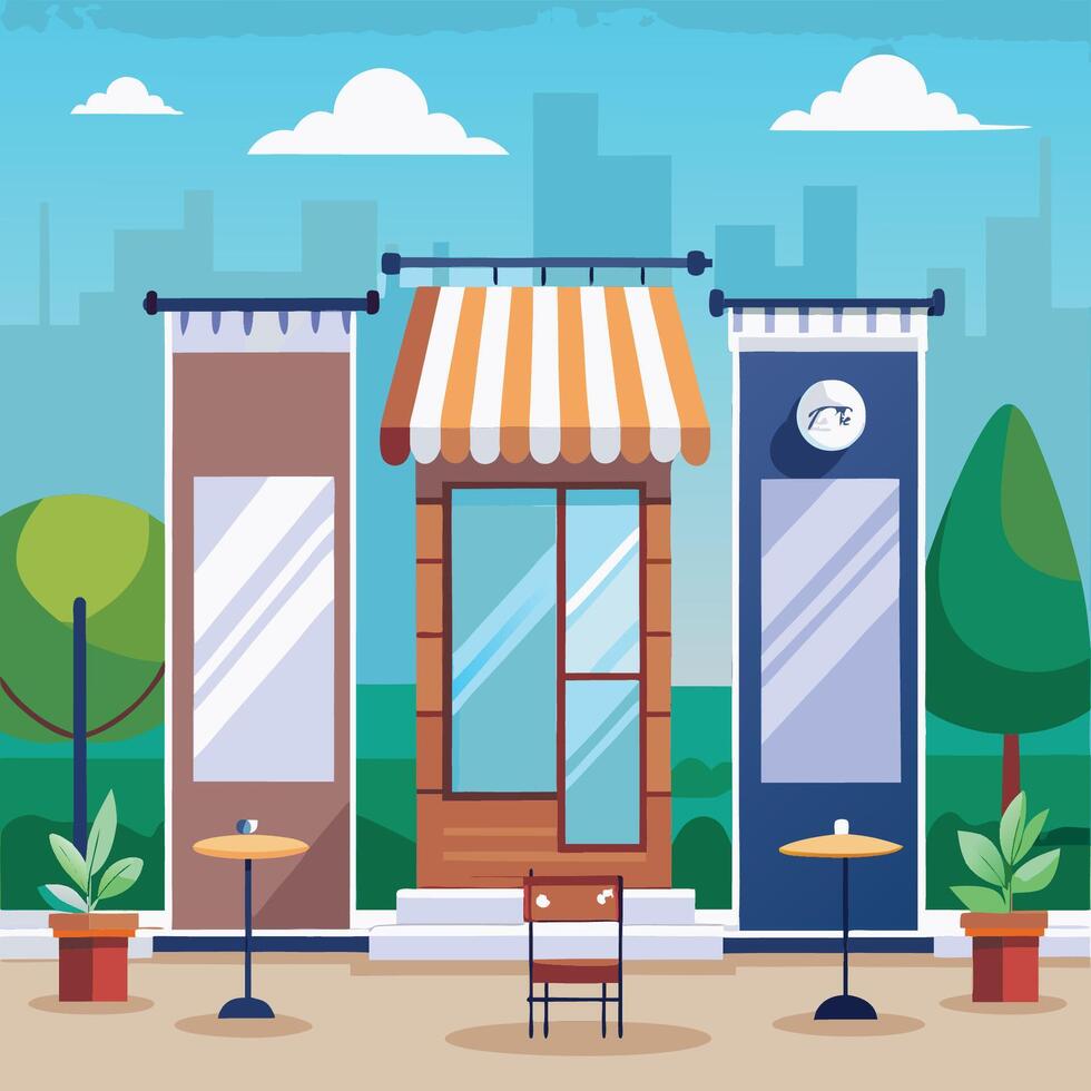 Three Enticing Large Banner Mockups to Display Your Message in Front of a Quaint Coffee Shop vector