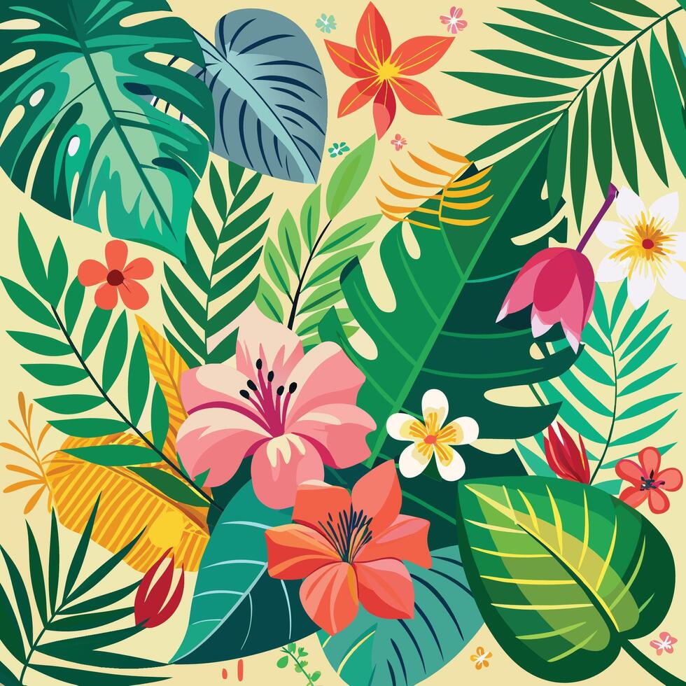 Summer Tropical Paradise with Vibrant Exotic Leaves and Colorful Background vector