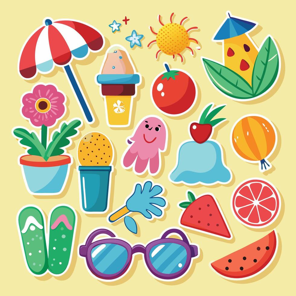 Extensive Collection of Vibrant Summer Stickers Featuring Diverse Marine Life vector