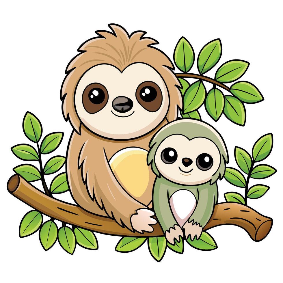 Adorable Sloth and Baby Embracing Amidst Leafy Canopy in a Mobile Tree Cart vector