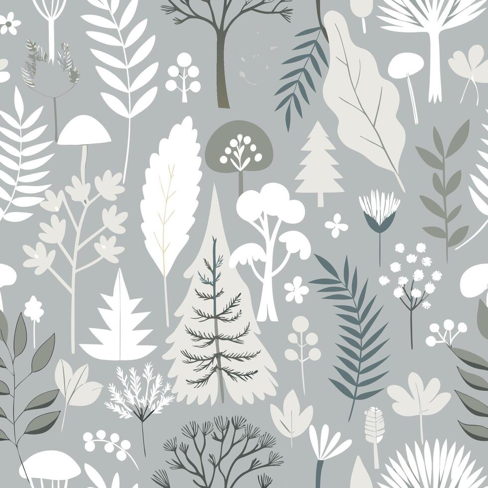 Light Gray Seamless Nature Patterned Background with Vegetation and Flowers vector