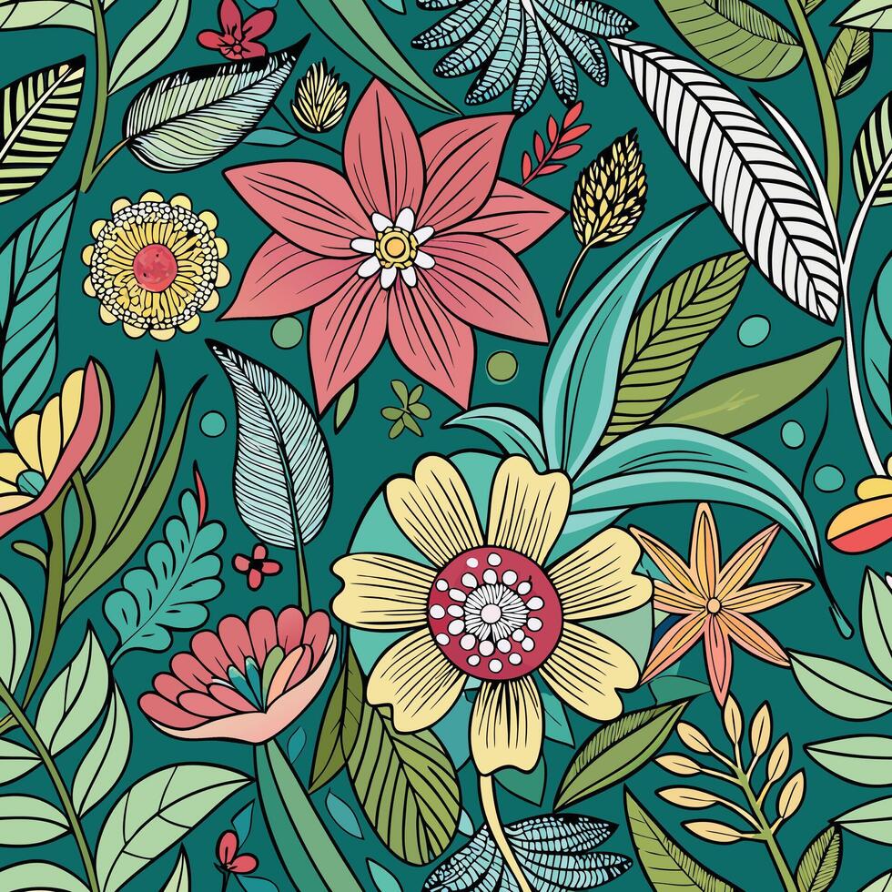 Exquisite Hand Drawn Seamless Pattern Adorned with Ornate Flowers vector