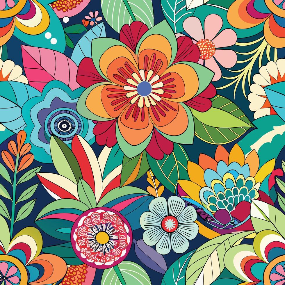Vibrant Abstract Floral Seamless Pattern with Colorful Flowers and Foliage vector