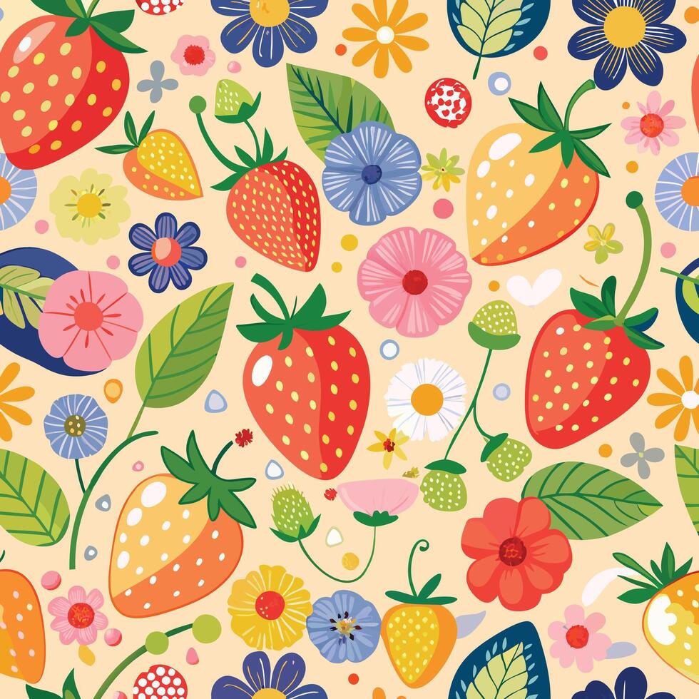 Vibrant Strawberry Seamless Pattern with Colorful Fruit Assortment vector