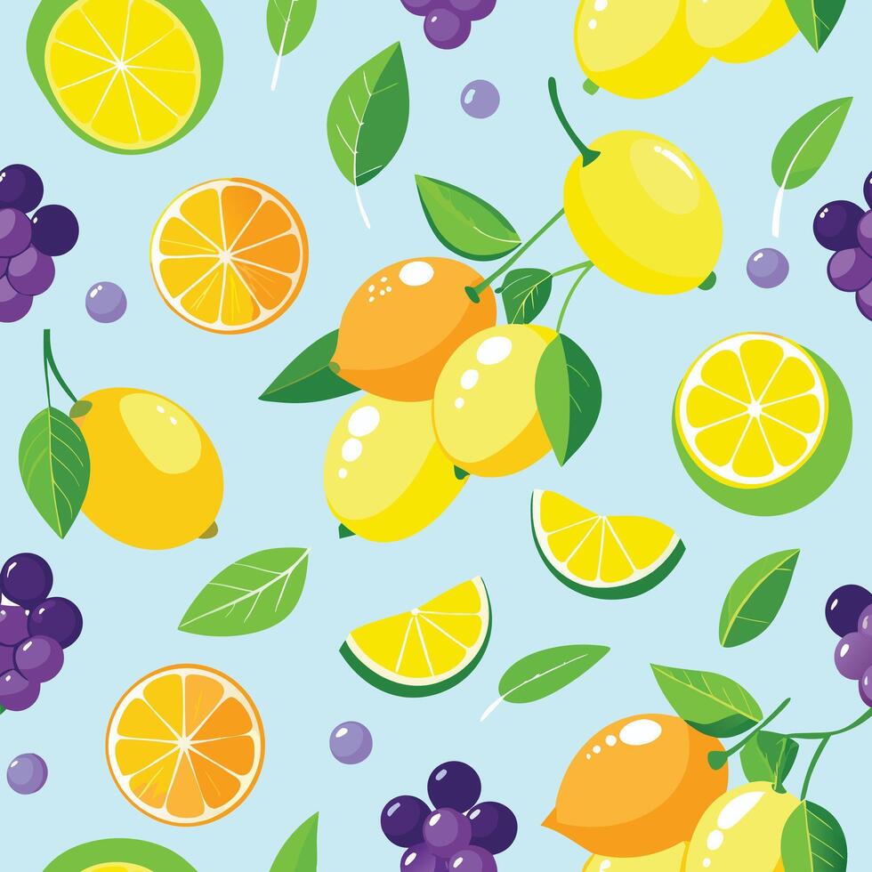 Vibrant and Harmonious Repeat Pattern Lemons and Grapes on a Light Green Background vector