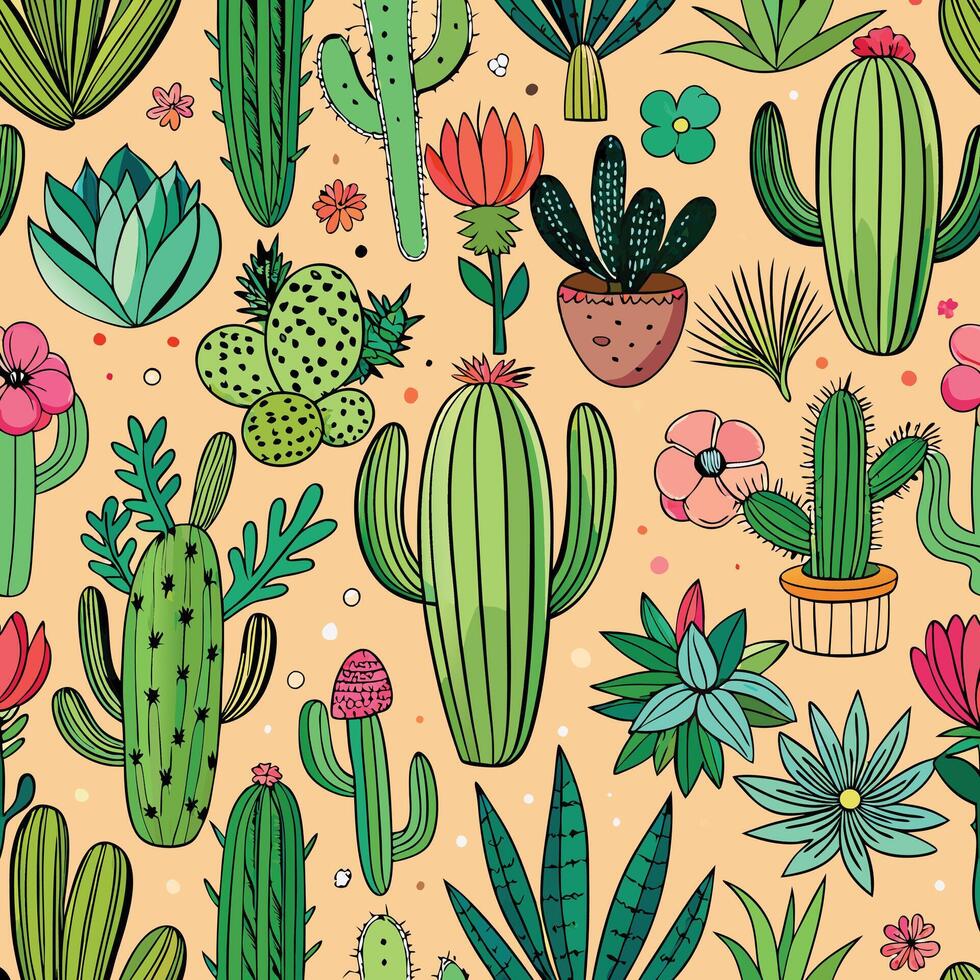 Hand Drawn Seamless Pattern Featuring an Array of Cacti and Succulent Plants vector