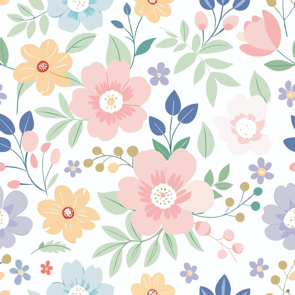 Delicate Pastel Floral Seamless Pattern with White Background vector