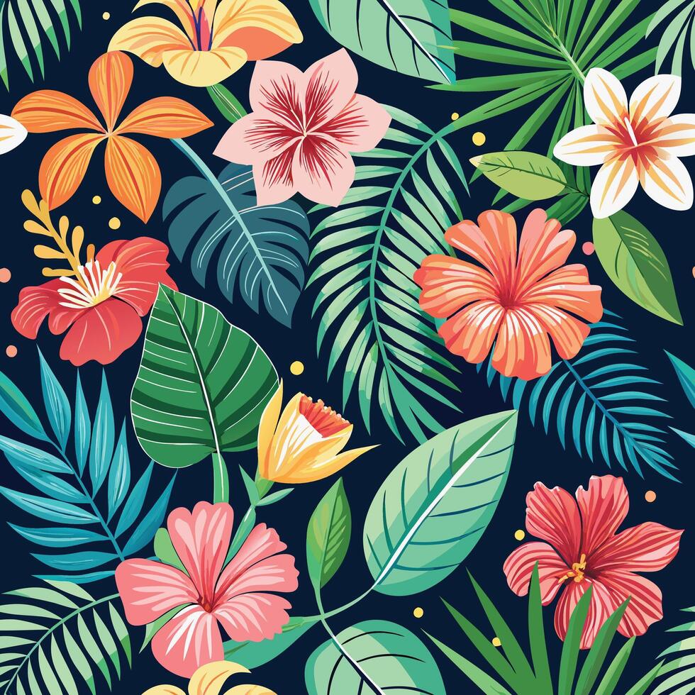 Bright and Vibrant Tropical Seamless Pattern with Hibiscus Flowers in Full Bloom vector