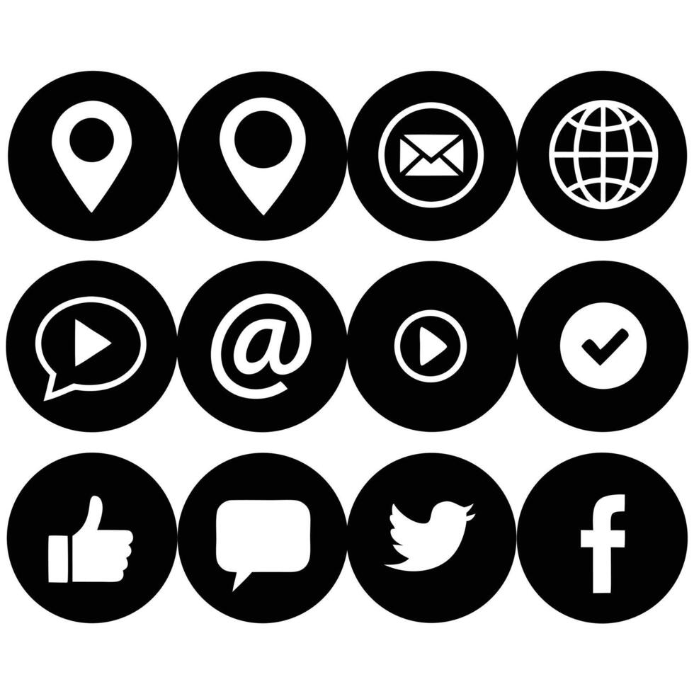 Set of Black Round Social Media Icons With Location, Chat, Thumb Up Symbols vector