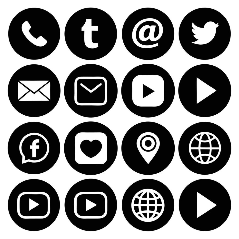 Social Media Communication Network Icon Set in Black Circles on White Background vector
