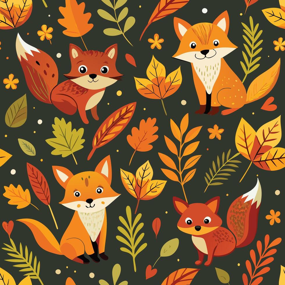 Autumn Forest Scene with Foxes and Falling Leaves Seamless Pattern vector
