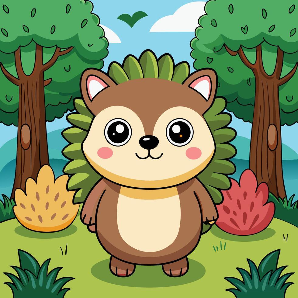 Adorable Kawaii Hedgehog Cartoon Character in Forest Clearing vector