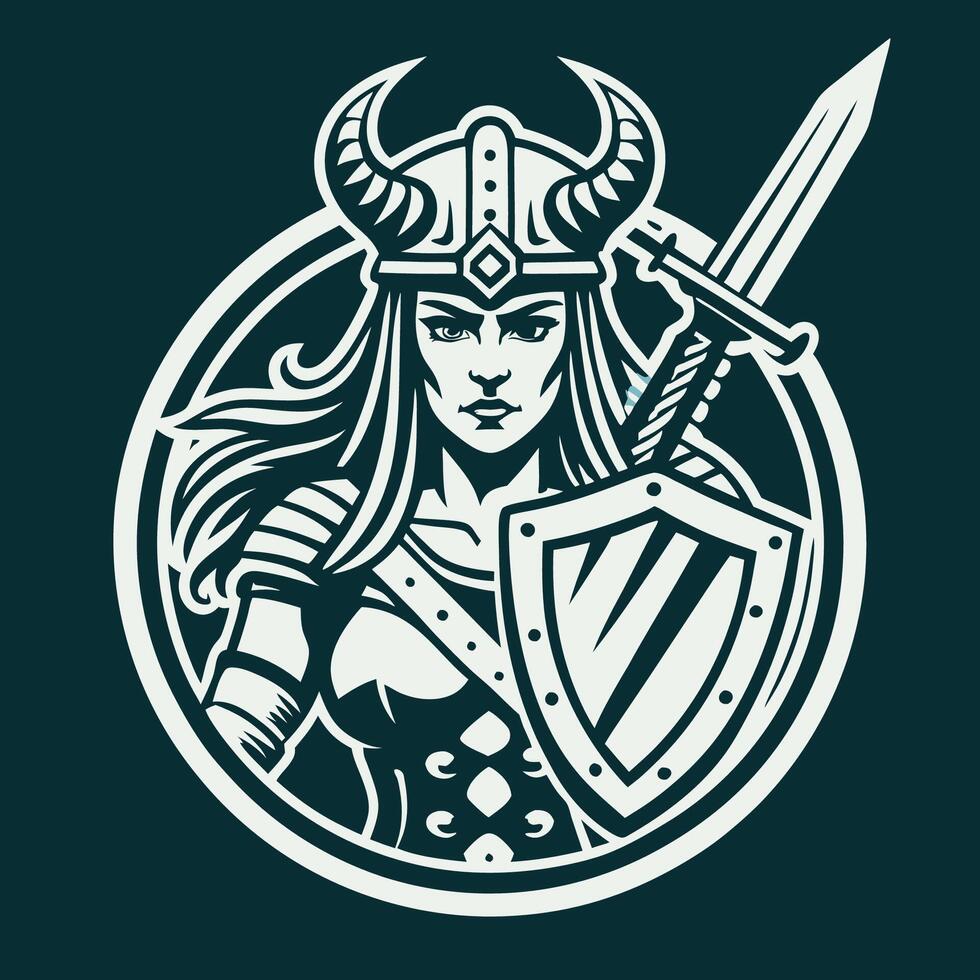 Fierce Female Viking Warrior in Battle Attire with Sword and Shield vector