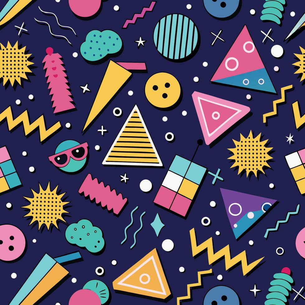 Seamless Memphis Background Pattern with Vibrant Shapes and Textures vector