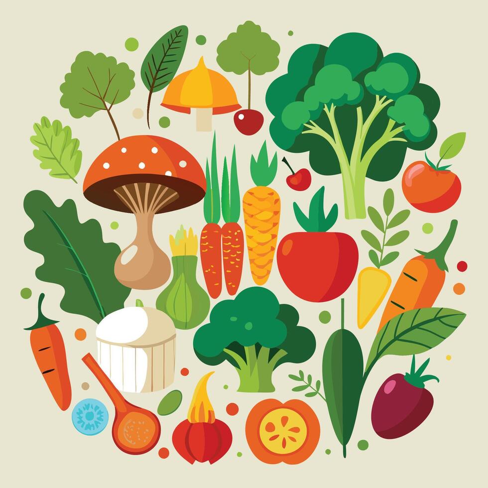 Vibrant Assortment of Fresh Vegetables and Mushrooms vector