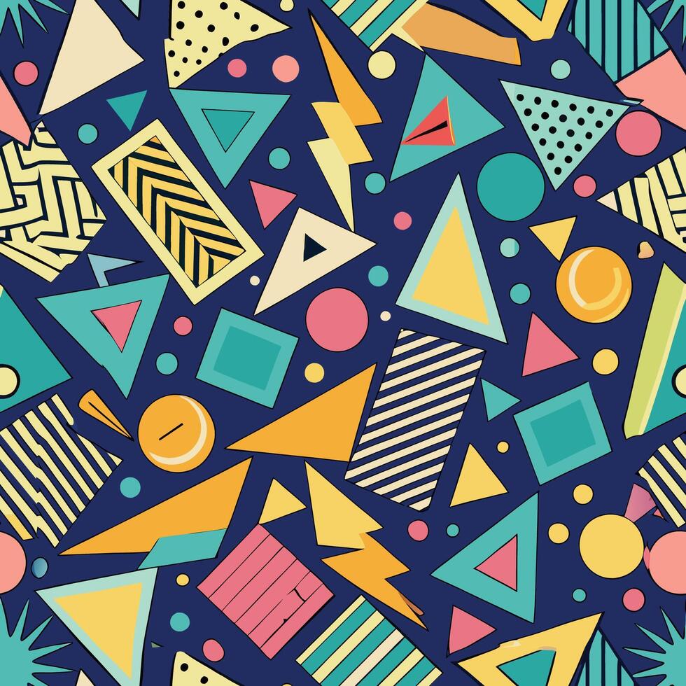 Immersive Memphis Inspired Retro Pattern with Abstract Geometric Elements vector