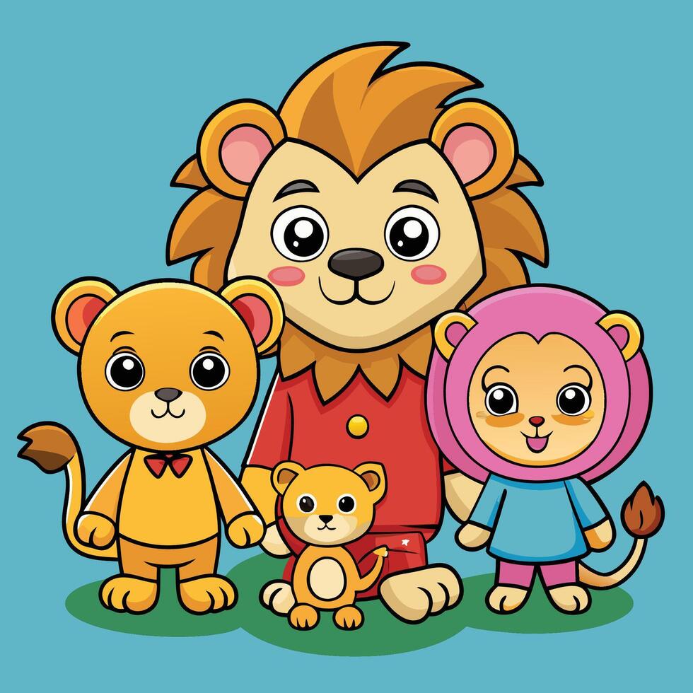 Adorably Cute Cartoon Depiction of a Lion Family with a Lion Cub vector