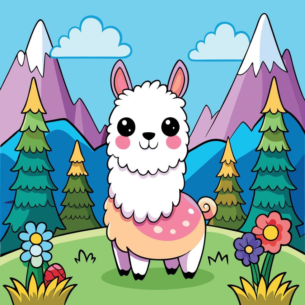 Adorable Llama Grazes amidst Majestic Andean Peaks and Rolling Hills vector