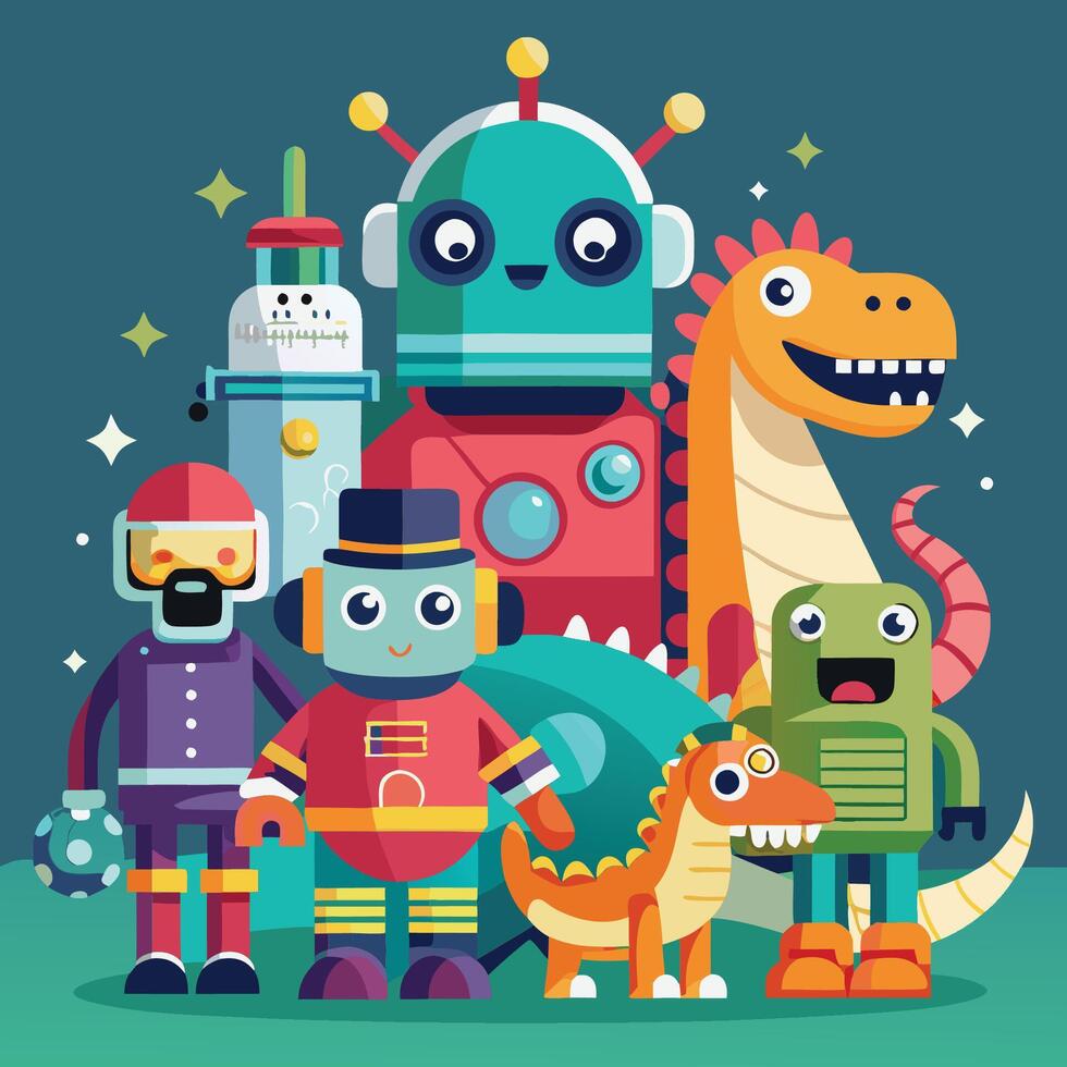 An Animated Gathering of Beloved Cartoon Dinos and Characters vector