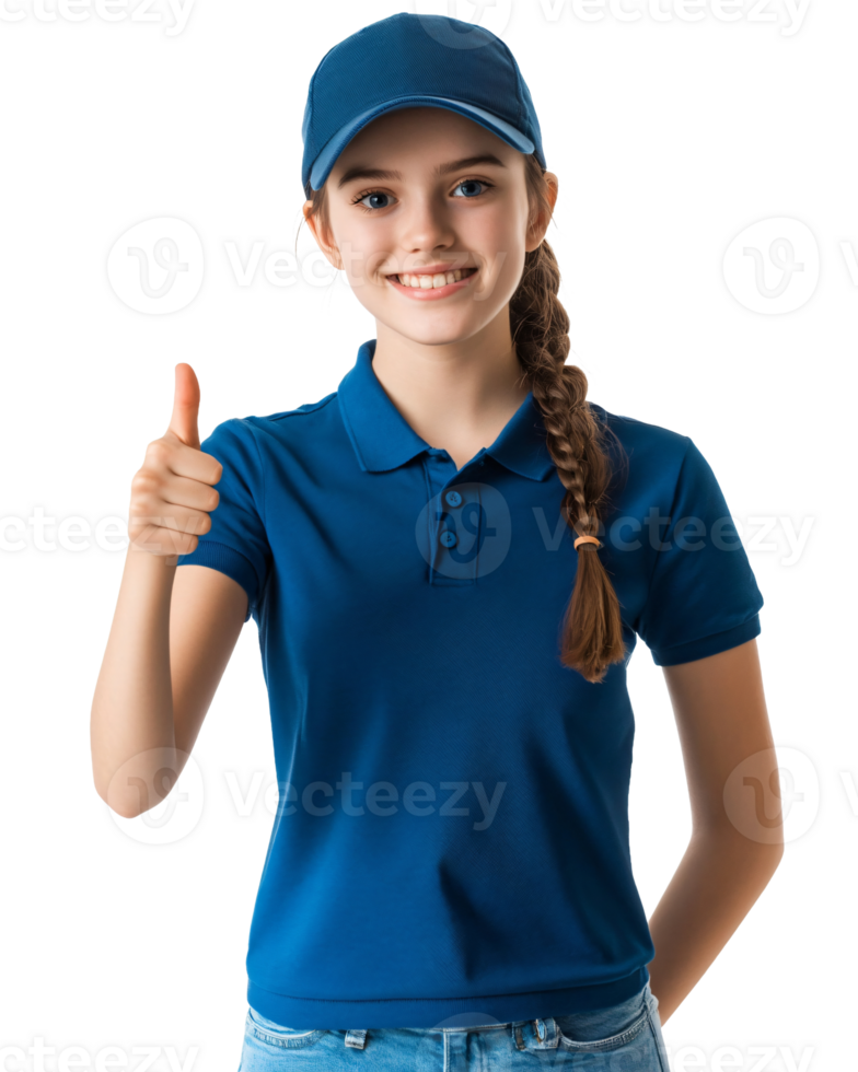 Cool and confident female in polo with gesture png