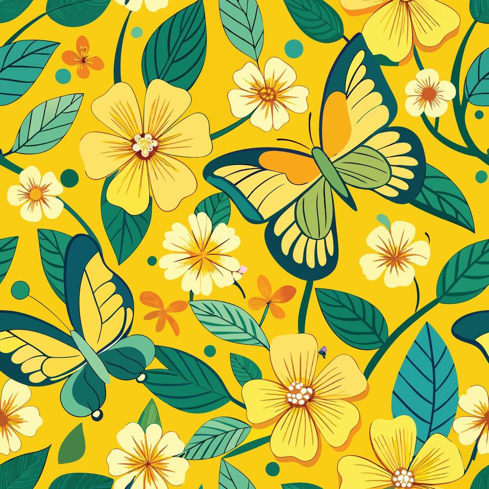 Seamless Pattern of Yellow Butterflies Flowers and Greenery vector