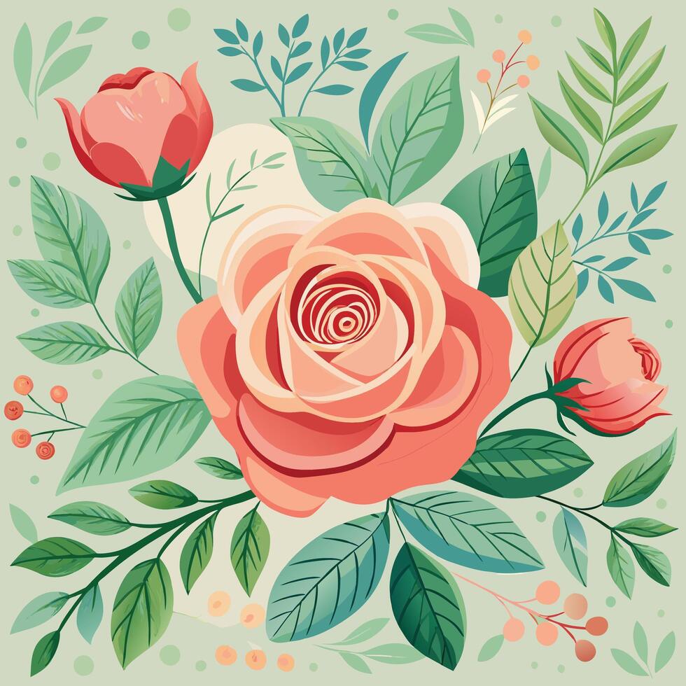 Serene Watercolor Masterpiece Depicting Rose Flowers and Foliage in Delicate Hues vector
