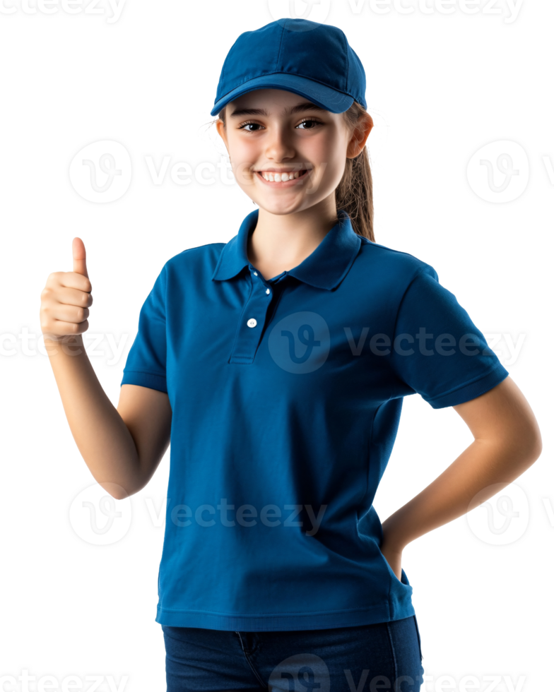 Girl in team-style outfit with bright thumbs up png