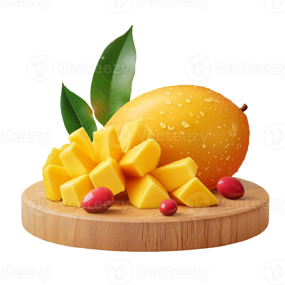 Cutting board scene with mango pieces png