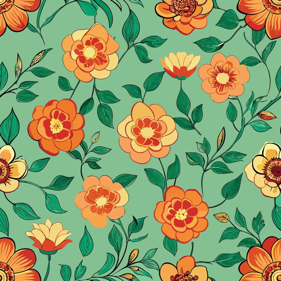 Seamless Repeating Floral Pattern on a Vibrant Green Background vector